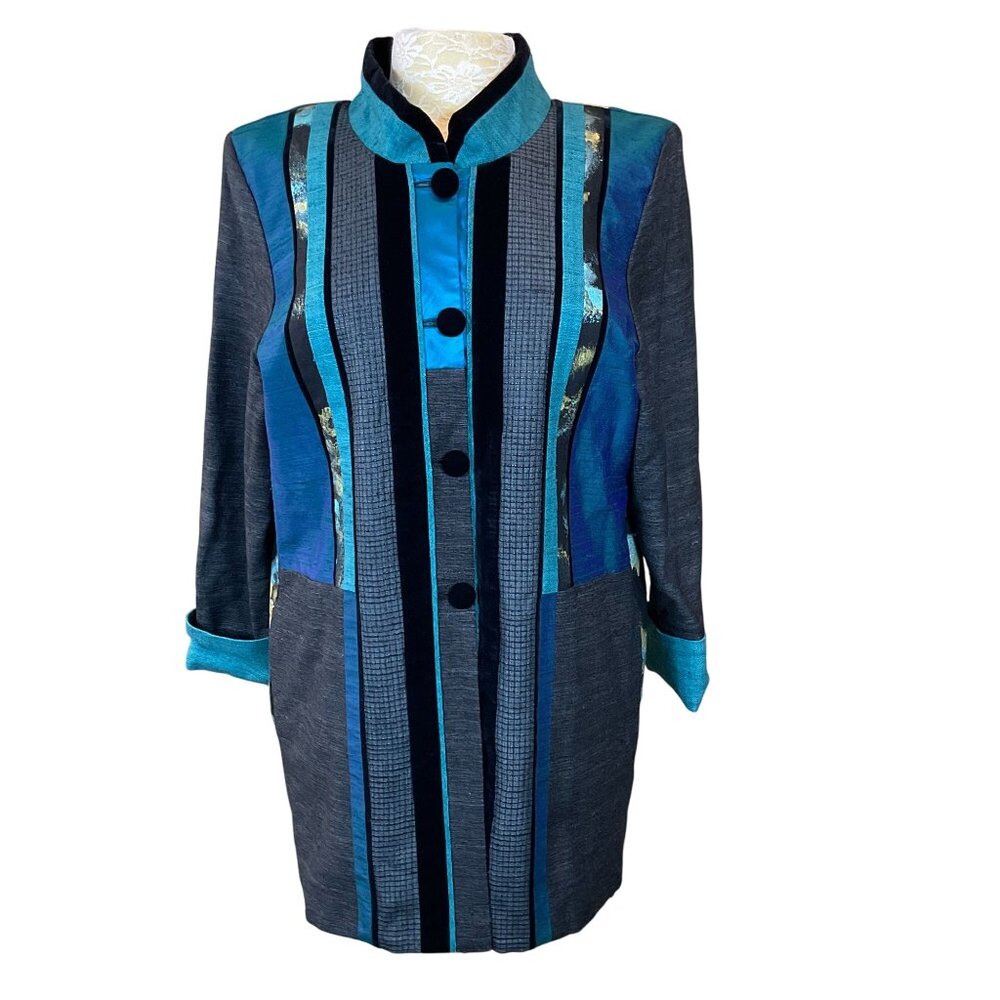 Bonnie Durant Designs Mixed Fabric Ribbons VTG Patchwork Lined Coat Jacket Med